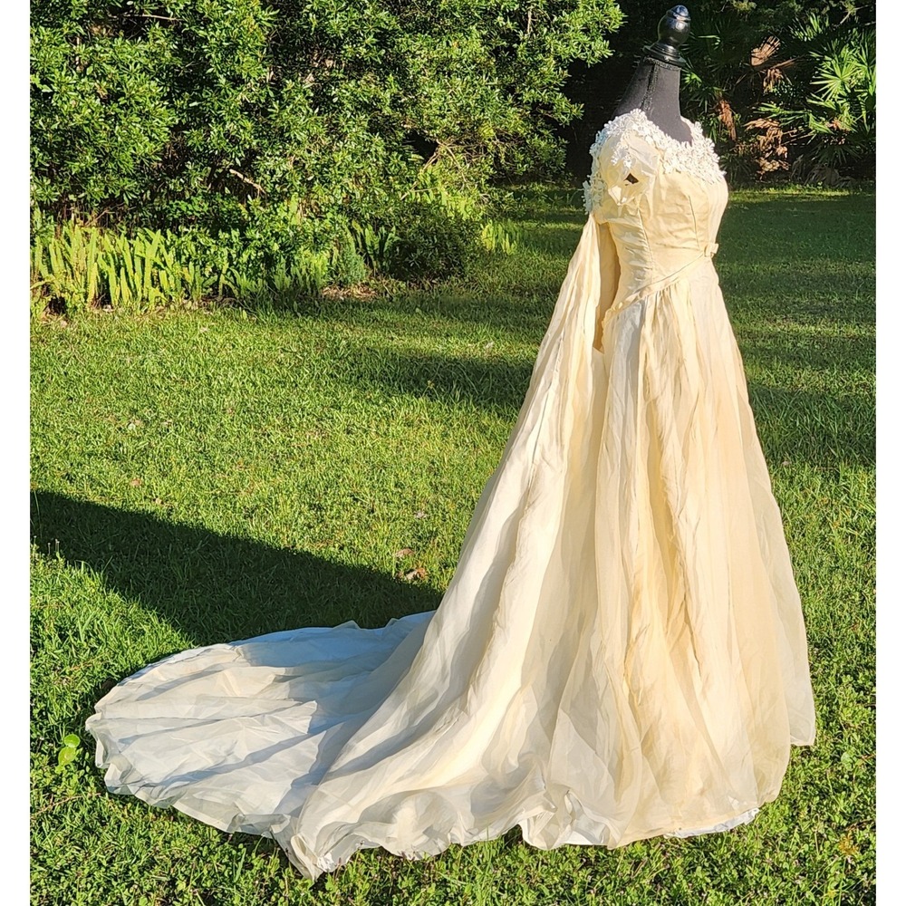 Vintage 1960s WEDDING DRESS Organza Lace Puff Sleeve Watteau Train UNIQUE small